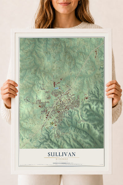 Map of Sullivan, Missouri, 18 x 24 inch print in a white wood frame