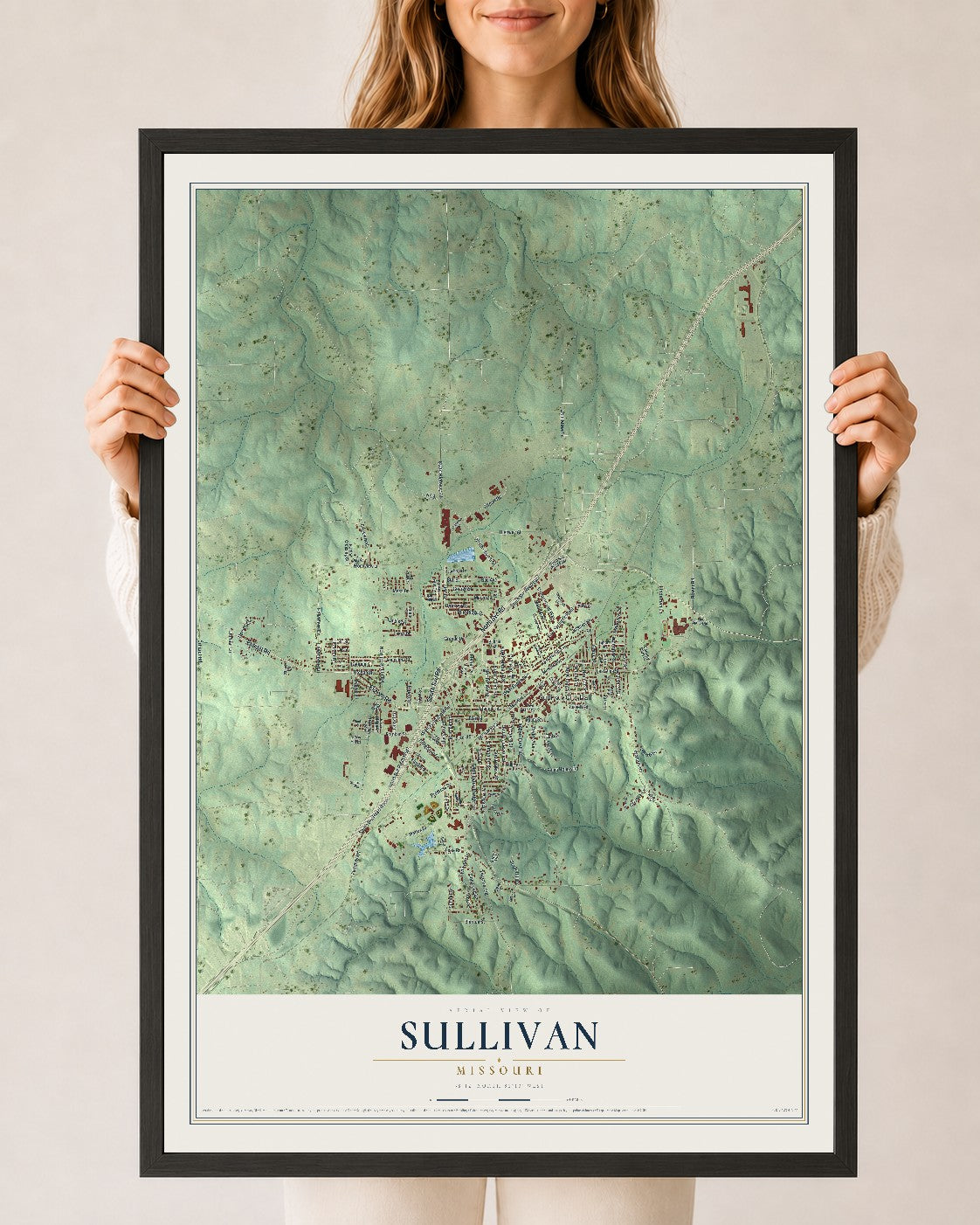 Map of Sullivan, Missouri, 24 x 36 inch print in a black wood frame