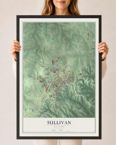 Map of Sullivan, Missouri, 24 x 36 inch print in a black wood frame