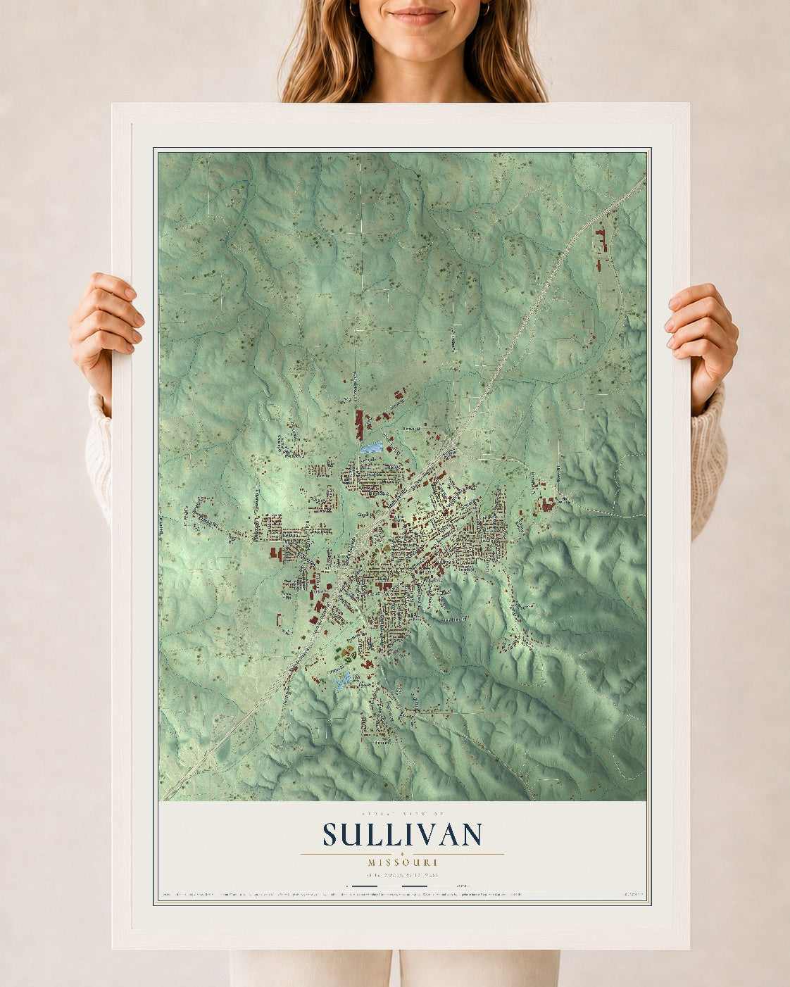 Map of Sullivan, Missouri, 24 x 36 inch print in a white wood frame