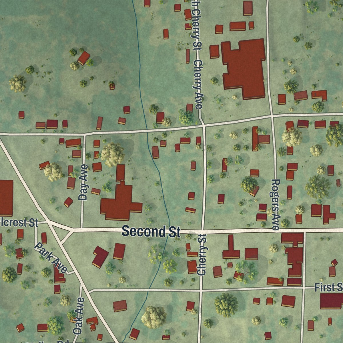 Close-up of the map of Summersville, Missouri print showing street and building detail