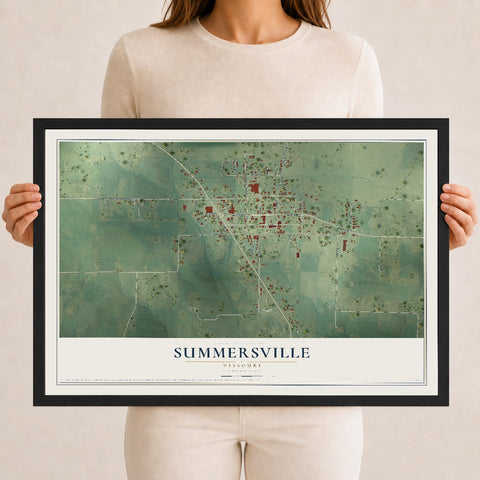 Map of Summersville, Missouri, 12 x 18 inch print in a black wood frame