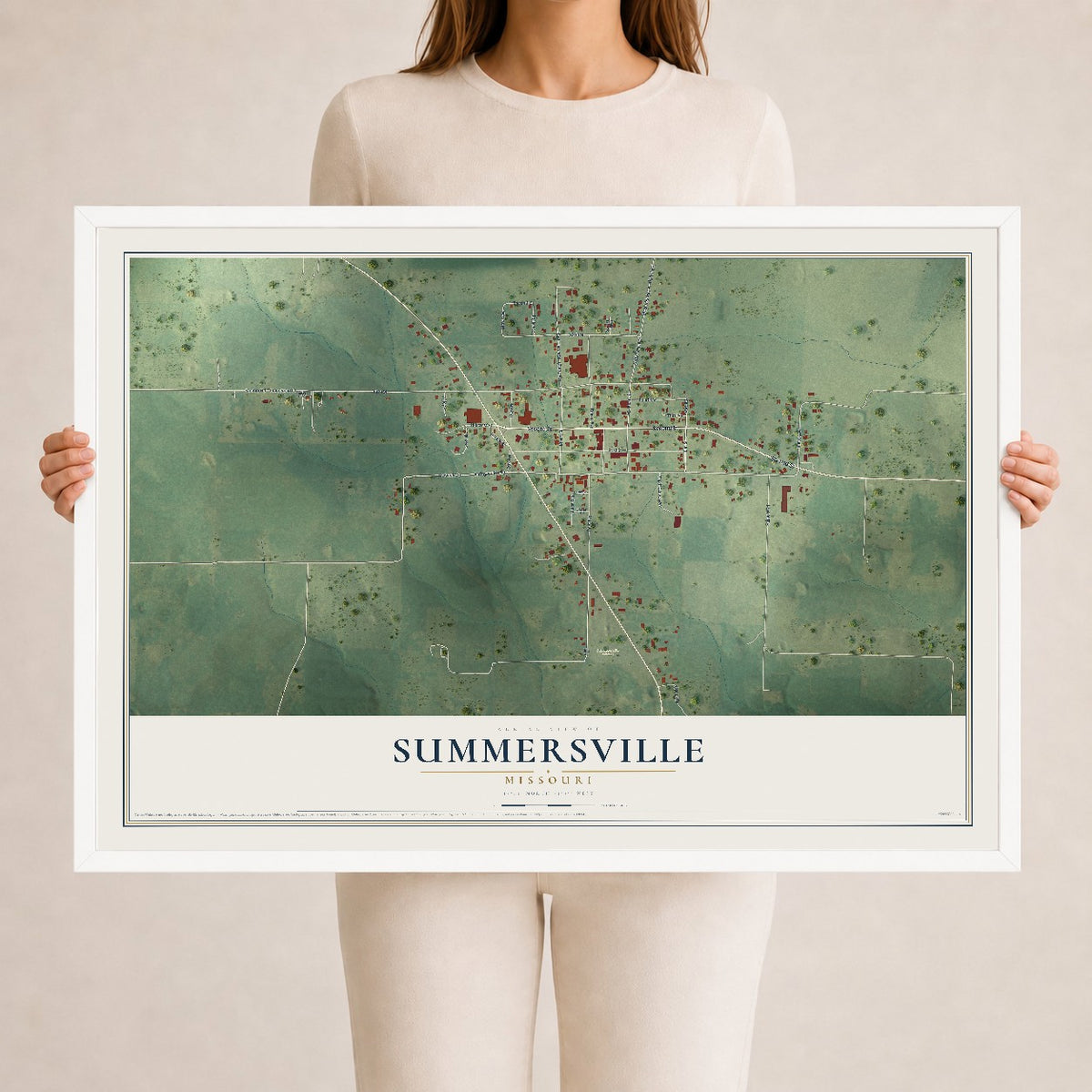Map of Summersville, Missouri, 24 x 36 inch print in a white wood frame