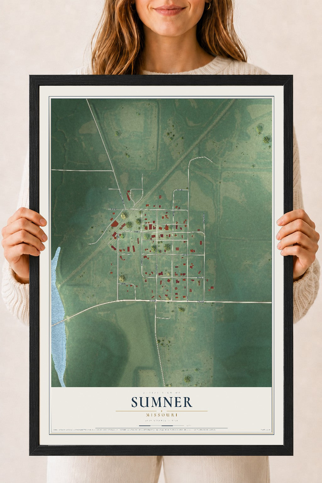 Map of Sumner, Missouri, 18 x 24 inch print in a black wood frame