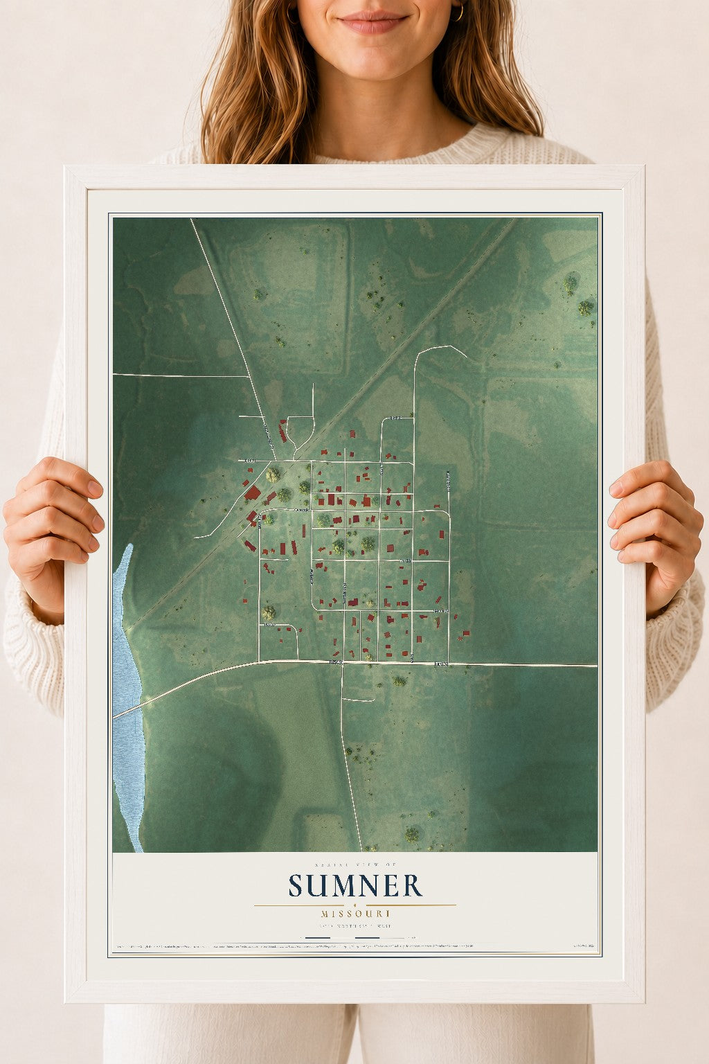 Map of Sumner, Missouri, 18 x 24 inch print in a white wood frame