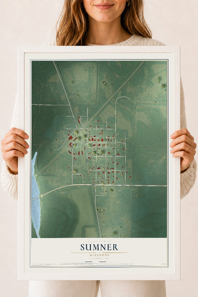 Map of Sumner, Missouri, 18 x 24 inch print in a white wood frame