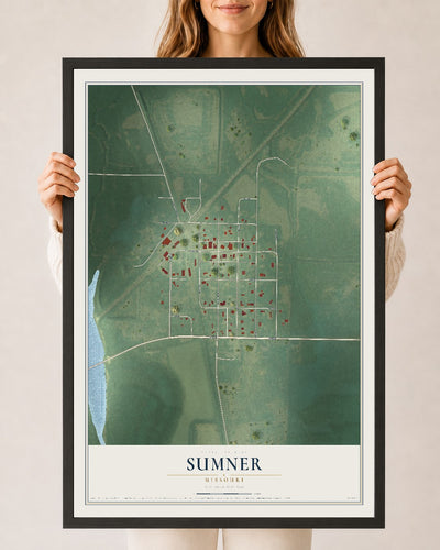 Map of Sumner, Missouri, 24 x 36 inch print in a black wood frame