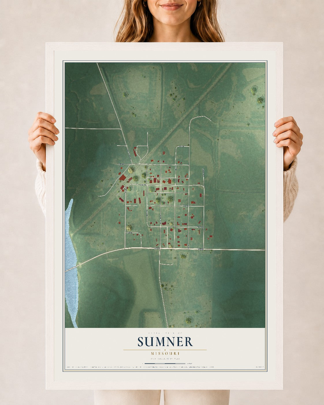 Map of Sumner, Missouri, 24 x 36 inch print in a white wood frame