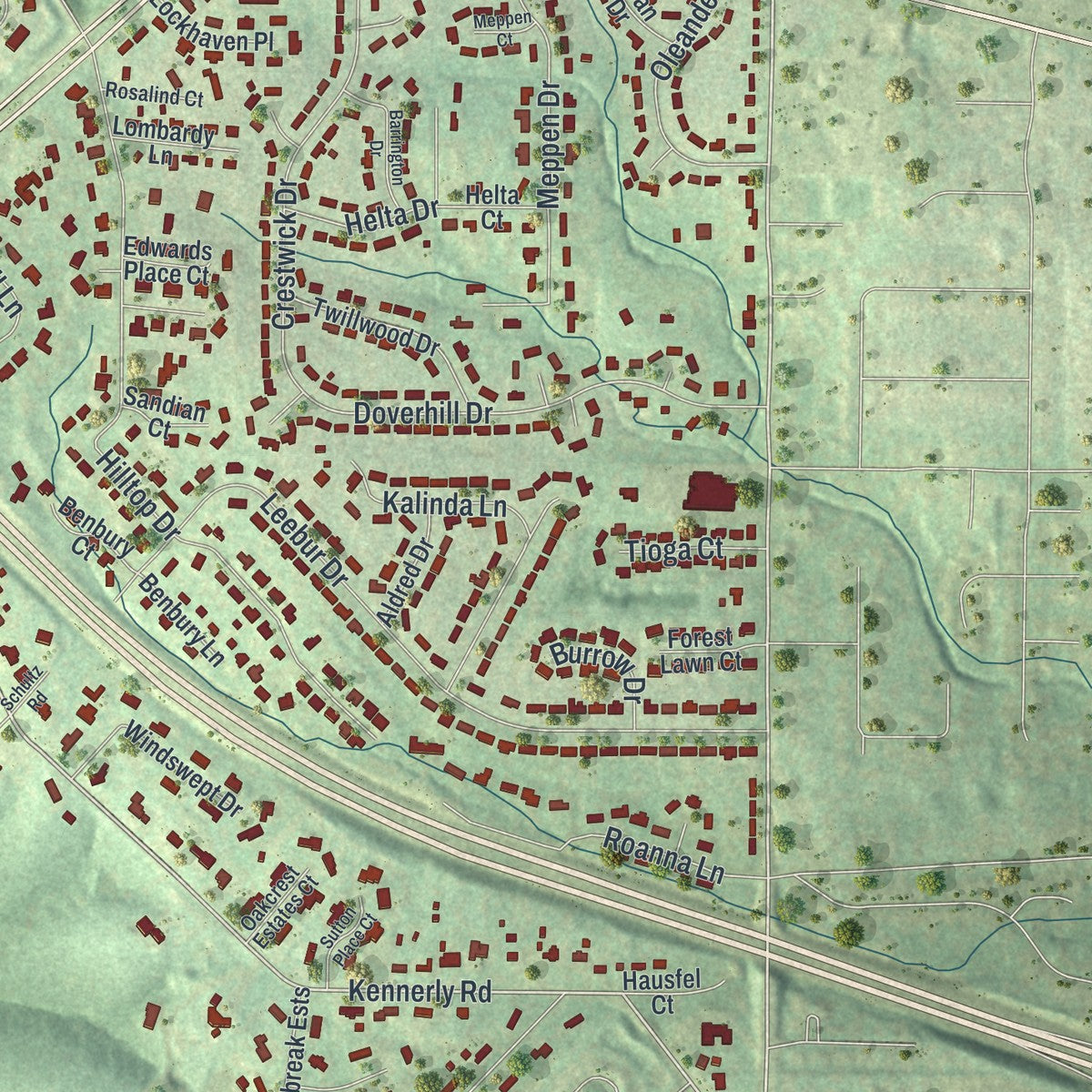 Close-up of the map of Sunset Hills, Missouri print showing street and building detail