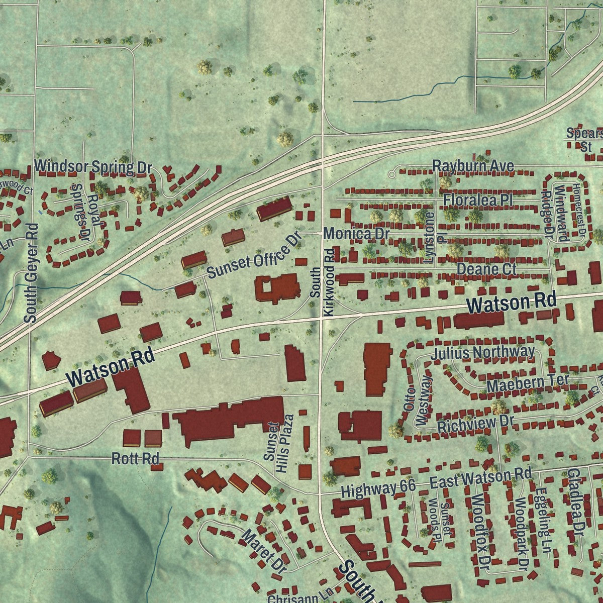 Second close-up of the map of Sunset Hills, Missouri print showing more streets and buildings