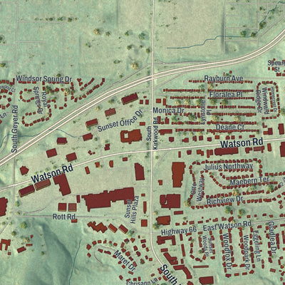 Second close-up of the map of Sunset Hills, Missouri print showing more streets and buildings