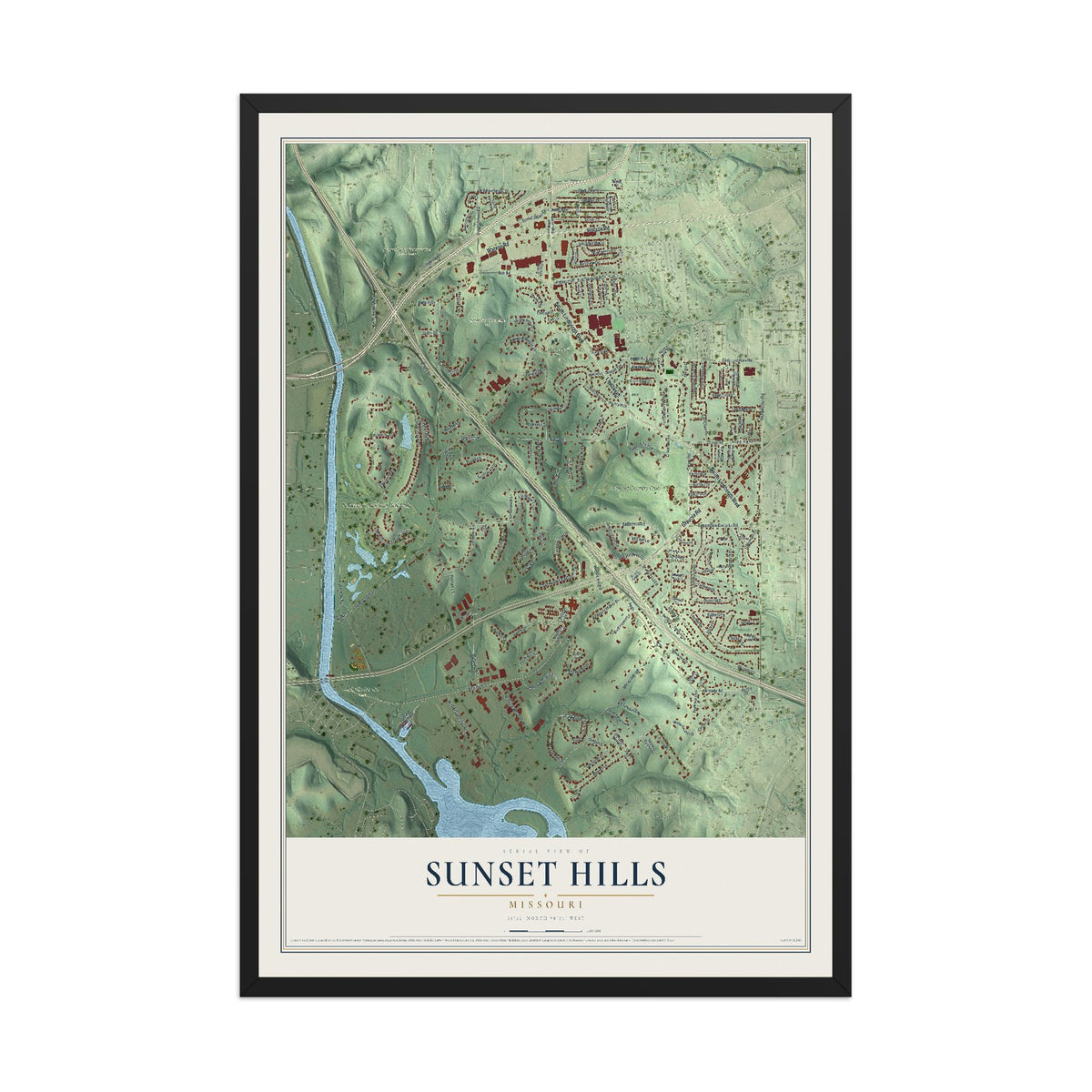 Map of Sunset Hills, Missouri, 12 x 18 inch print in a black wood frame