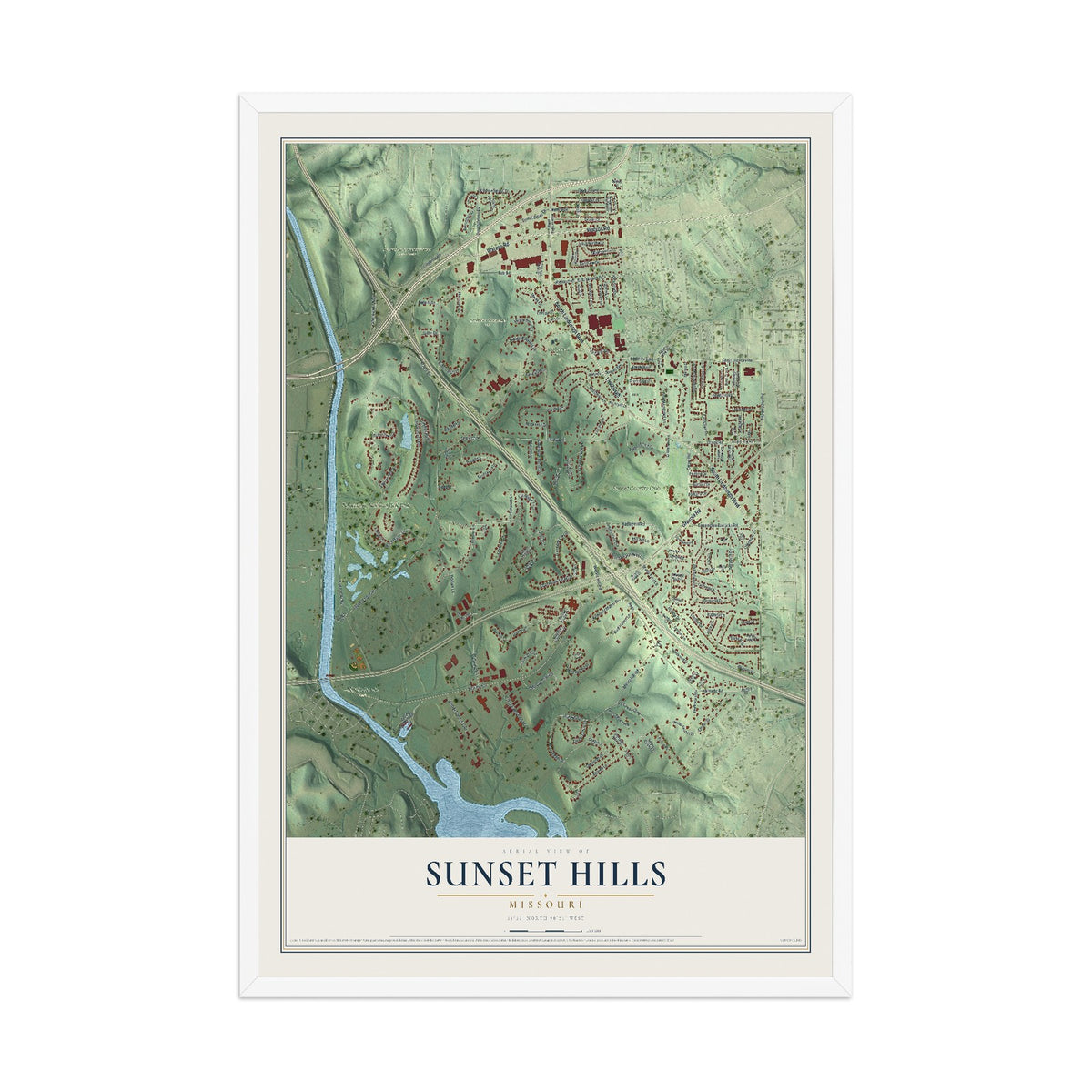 Map of Sunset Hills, Missouri, 12 x 18 inch print in a white wood frame