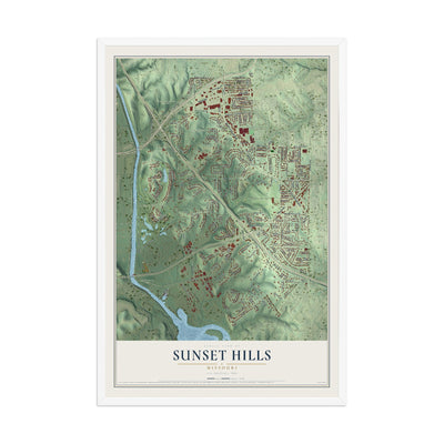 Map of Sunset Hills, Missouri, 12 x 18 inch print in a white wood frame