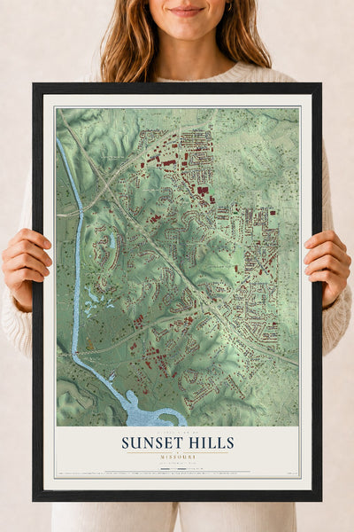 Map of Sunset Hills, Missouri, 18 x 24 inch print in a black wood frame