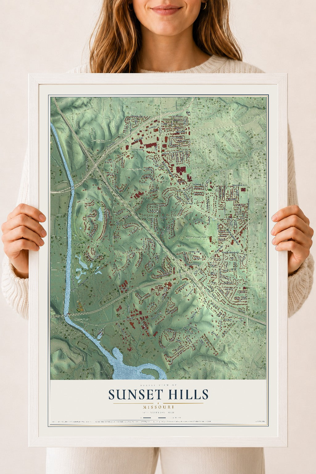 Map of Sunset Hills, Missouri, 18 x 24 inch print in a white wood frame