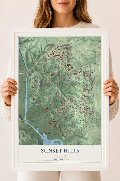 Map of Sunset Hills, Missouri, 18 x 24 inch print in a white wood frame