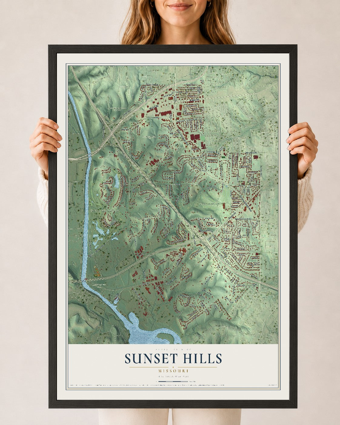 Map of Sunset Hills, Missouri, 24 x 36 inch print in a black wood frame