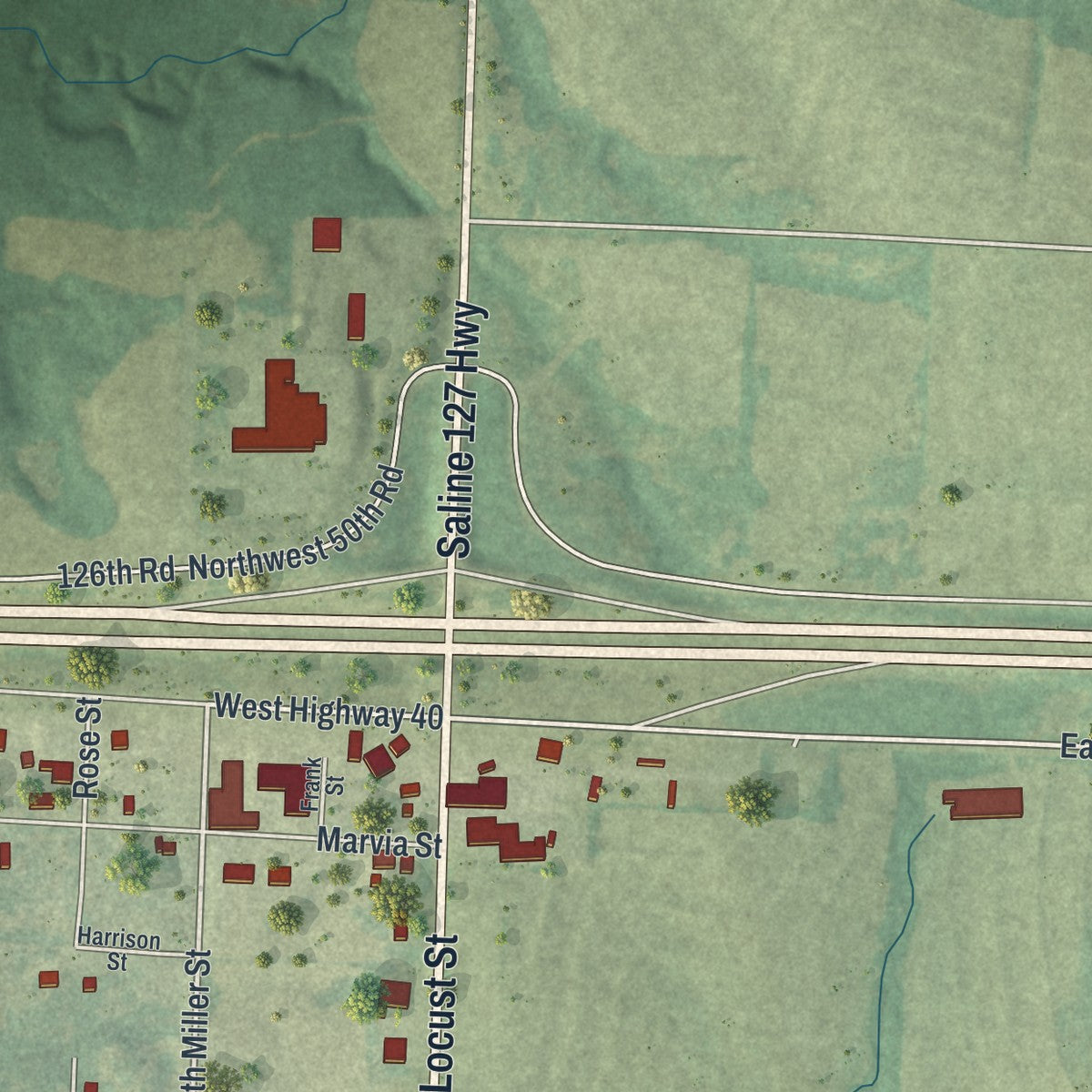 Second close-up of the map of Sweet Springs, Missouri print showing more streets and buildings