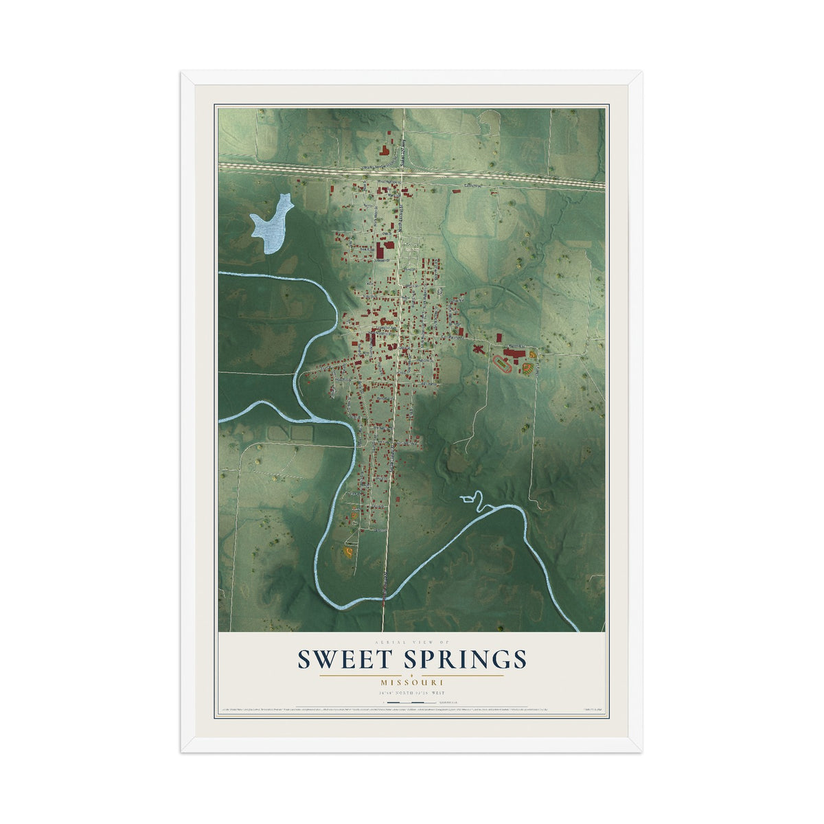 Map of Sweet Springs, Missouri, 12 x 18 inch print in a white wood frame