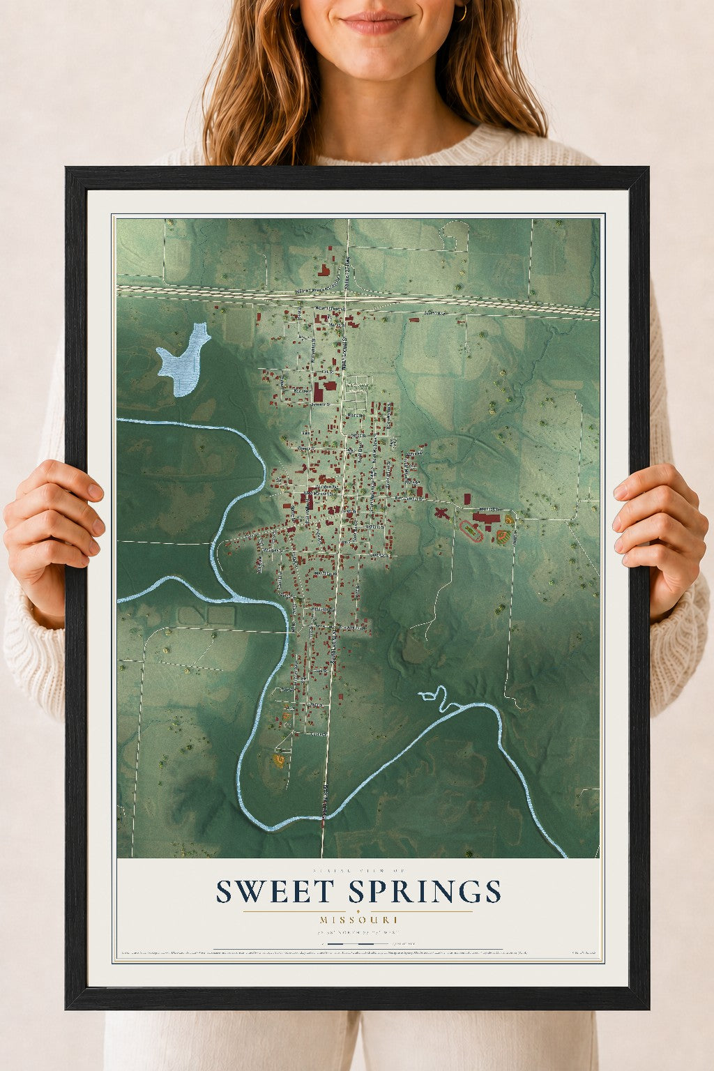 Map of Sweet Springs, Missouri, 18 x 24 inch print in a black wood frame