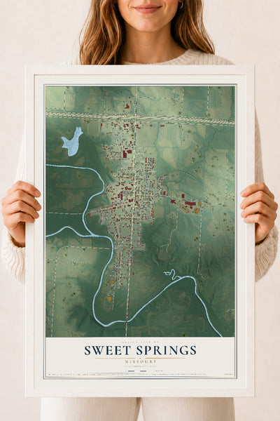 Map of Sweet Springs, Missouri, 18 x 24 inch print in a white wood frame