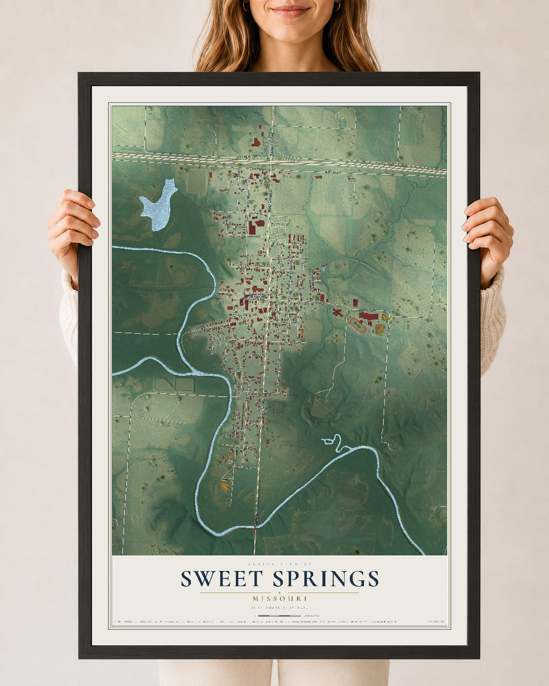 Map of Sweet Springs, Missouri, 24 x 36 inch print in a black wood frame