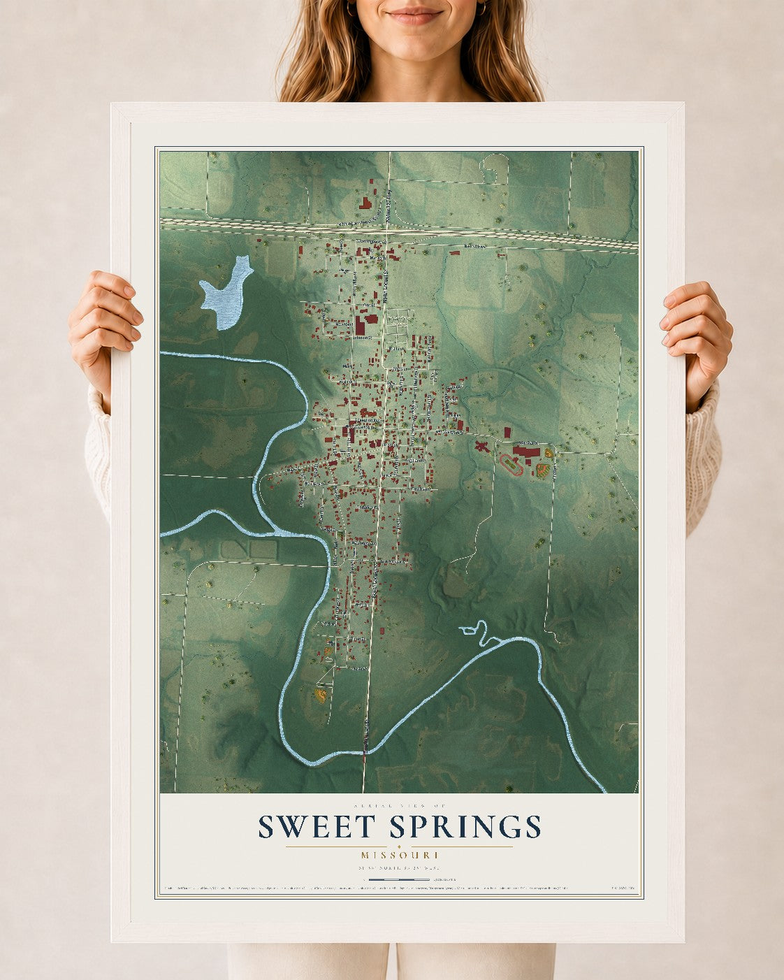 Map of Sweet Springs, Missouri, 24 x 36 inch print in a white wood frame