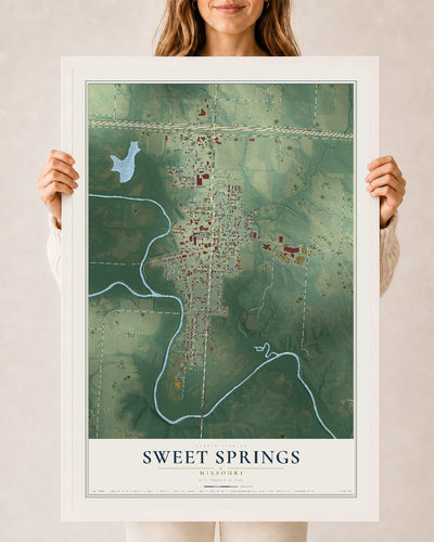 Map of Sweet Springs, Missouri, 24 x 36 inch print in a white wood frame