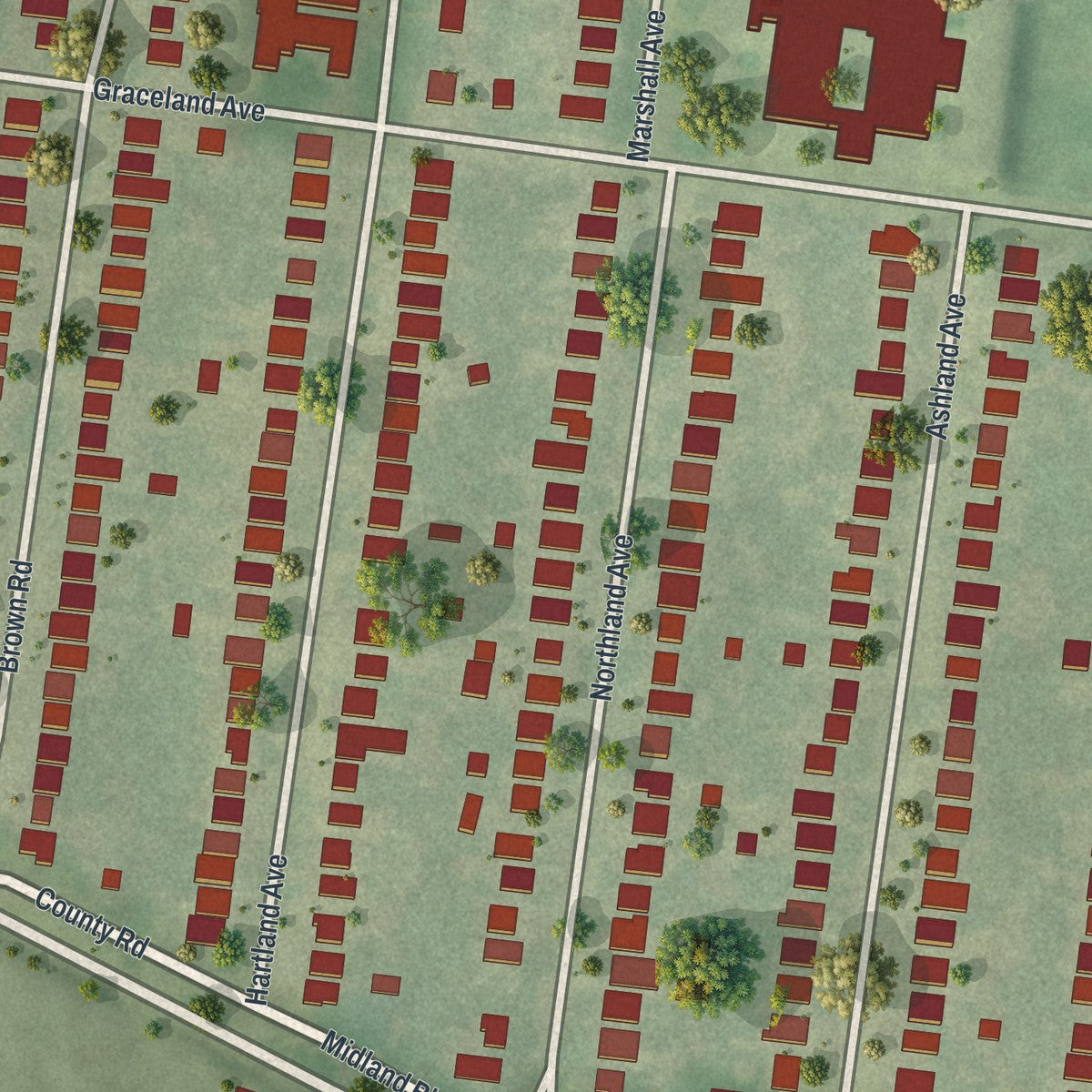 Close-up of the map of Sycamore Hills, Missouri print showing street and building detail