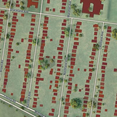 Close-up of the map of Sycamore Hills, Missouri print showing street and building detail
