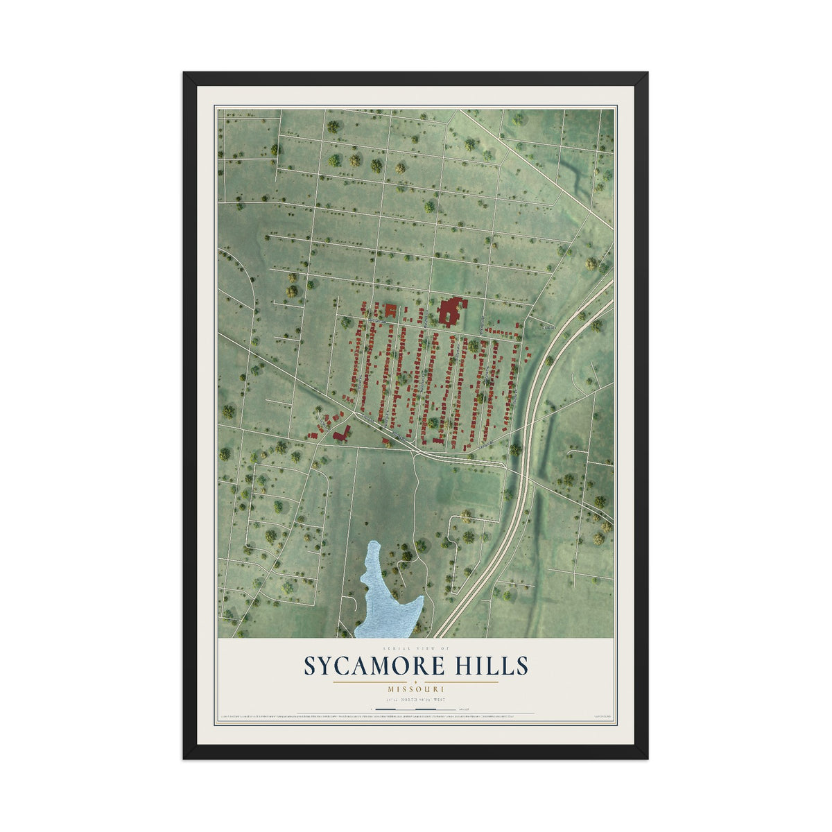 Map of Sycamore Hills, Missouri, 12 x 18 inch print in a black wood frame
