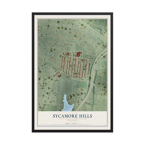 Map of Sycamore Hills, Missouri, 12 x 18 inch print in a black wood frame