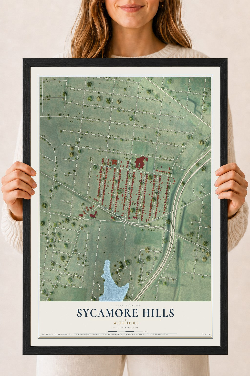 Map of Sycamore Hills, Missouri, 18 x 24 inch print in a black wood frame