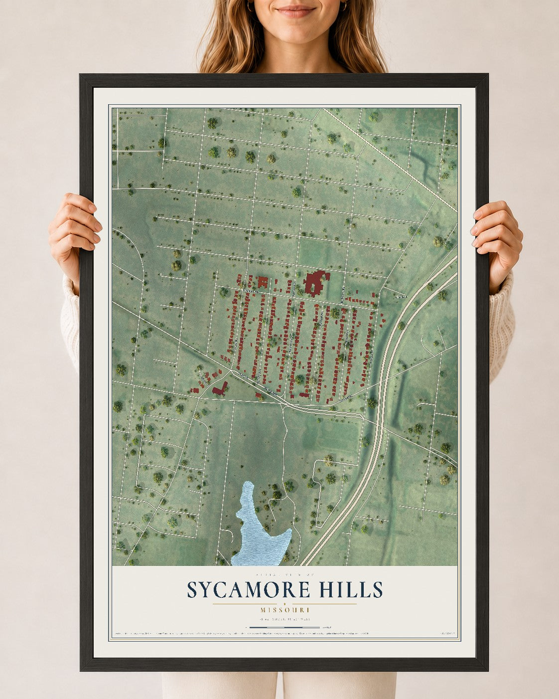 Map of Sycamore Hills, Missouri, 24 x 36 inch print in a black wood frame