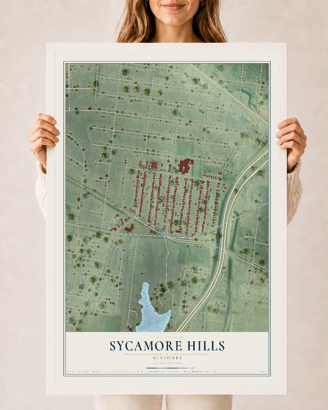 Map of Sycamore Hills, Missouri, 24 x 36 inch print in a white wood frame