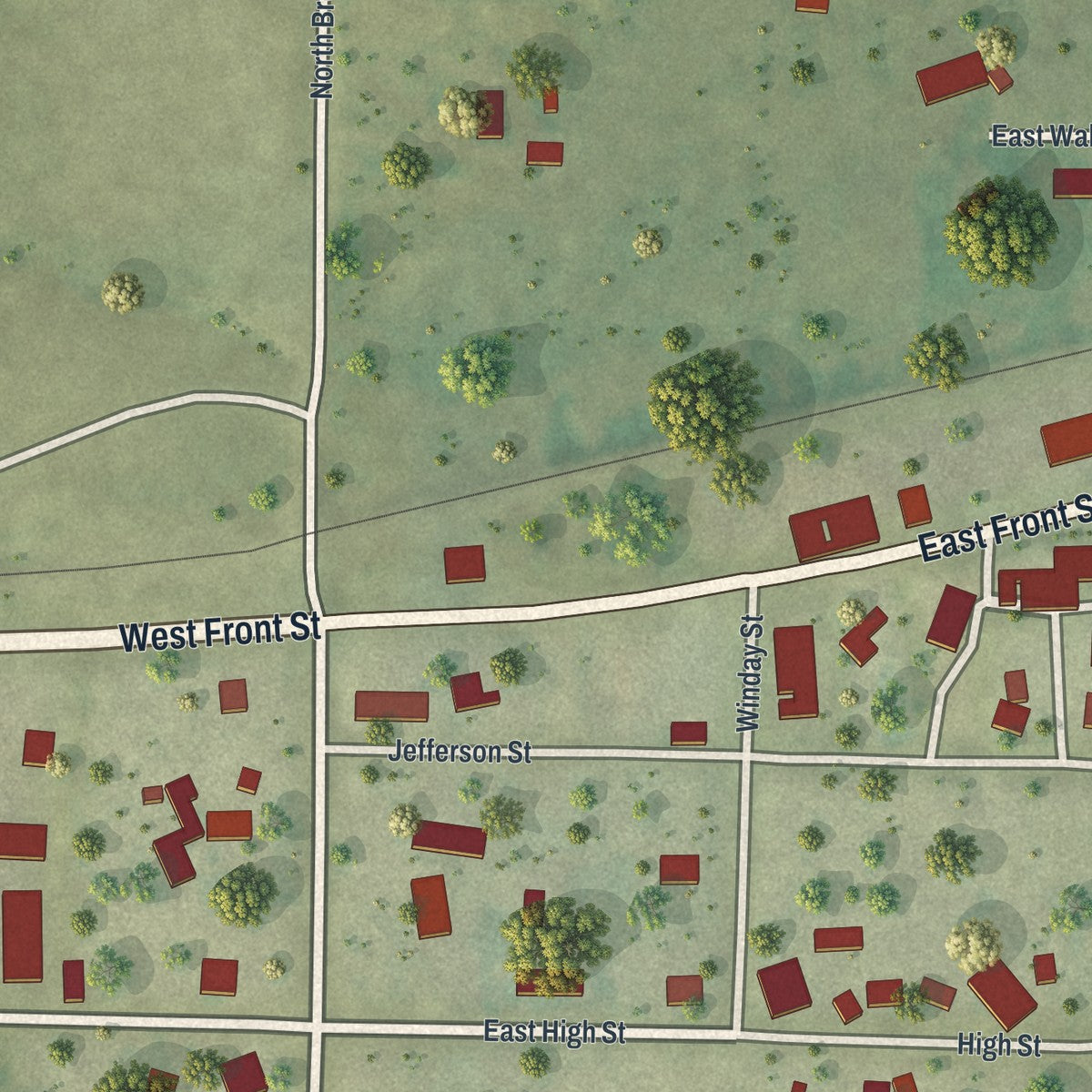 Close-up of the map of Syracuse, Missouri print showing street and building detail