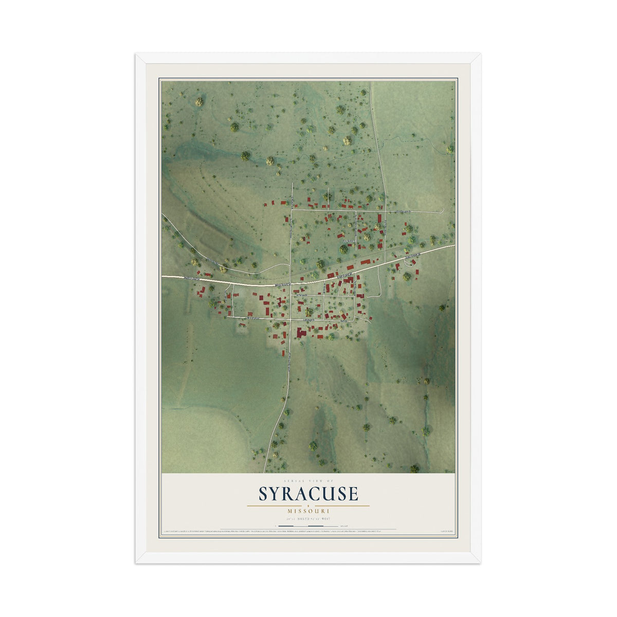 Map of Syracuse, Missouri, 12 x 18 inch print in a white wood frame