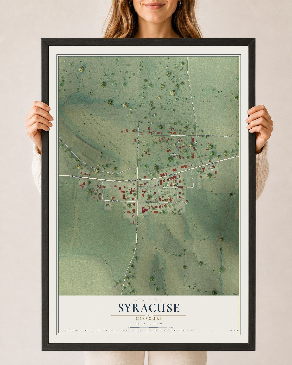 Map of Syracuse, Missouri, 24 x 36 inch print in a black wood frame