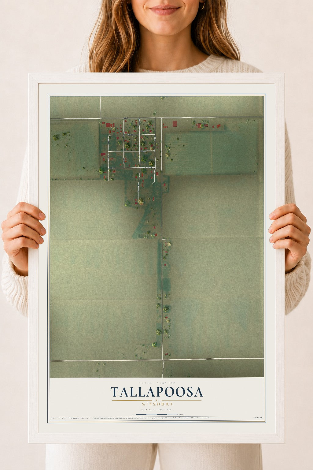 Map of Tallapoosa, Missouri, 18 x 24 inch print in a white wood frame