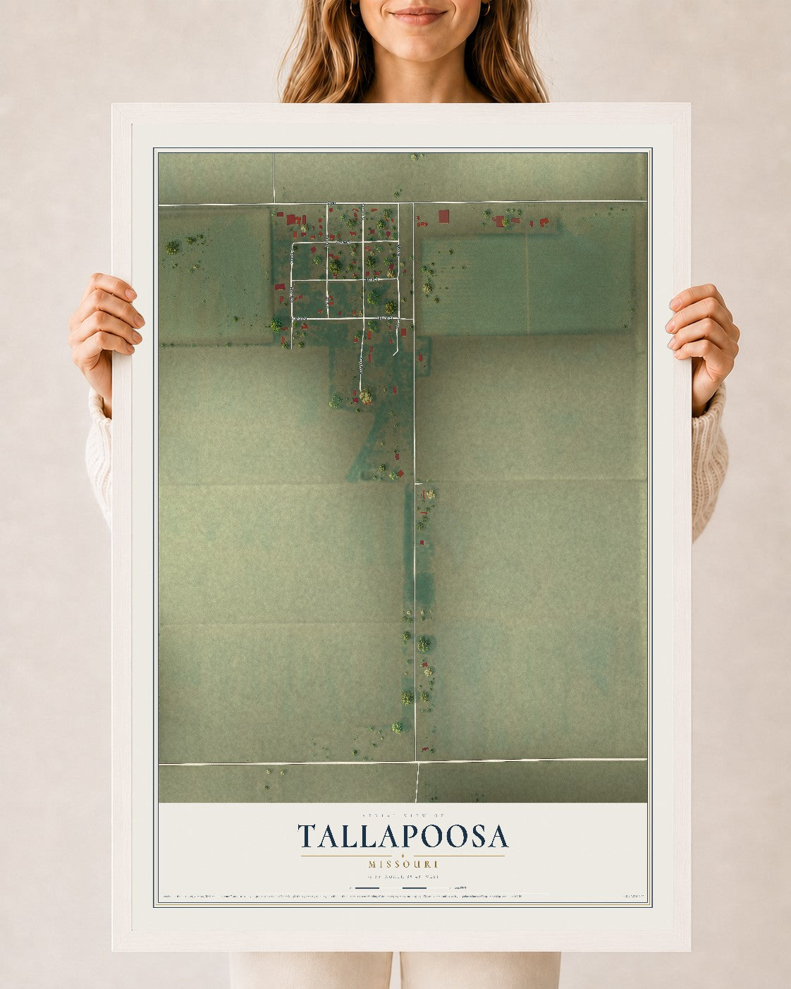 Map of Tallapoosa, Missouri, 24 x 36 inch print in a white wood frame