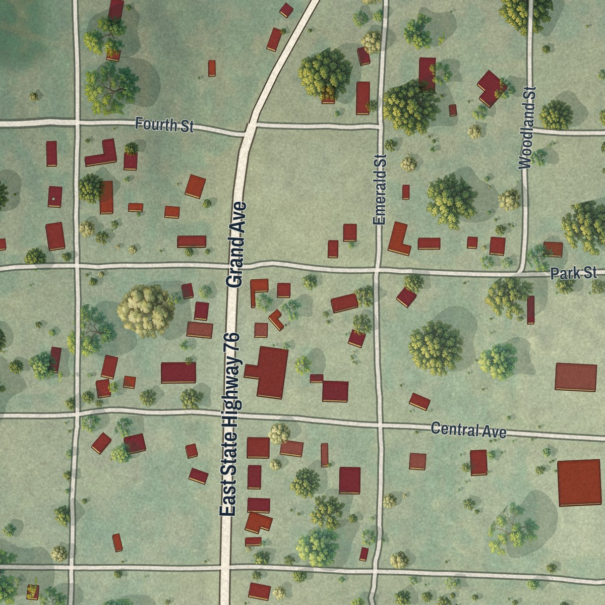 Close-up of the map of Taneyville, Missouri print showing street and building detail