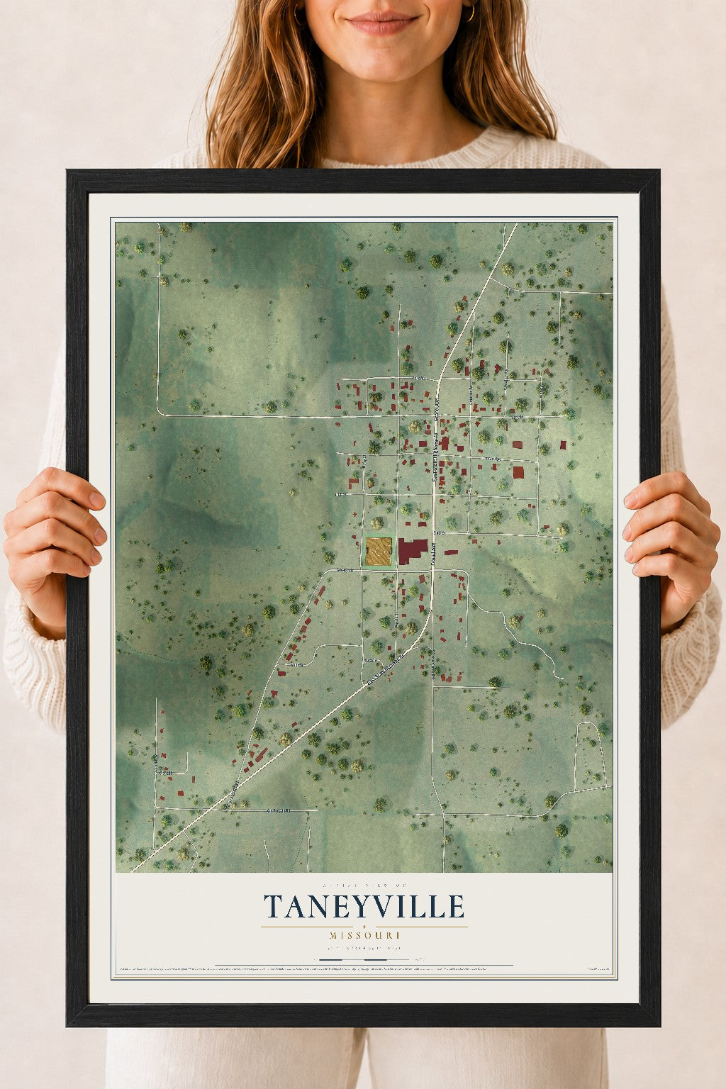 Map of Taneyville, Missouri, 18 x 24 inch print in a black wood frame