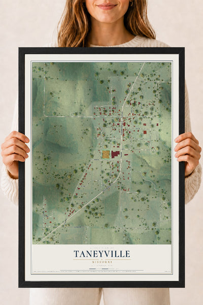 Map of Taneyville, Missouri, 18 x 24 inch print in a black wood frame