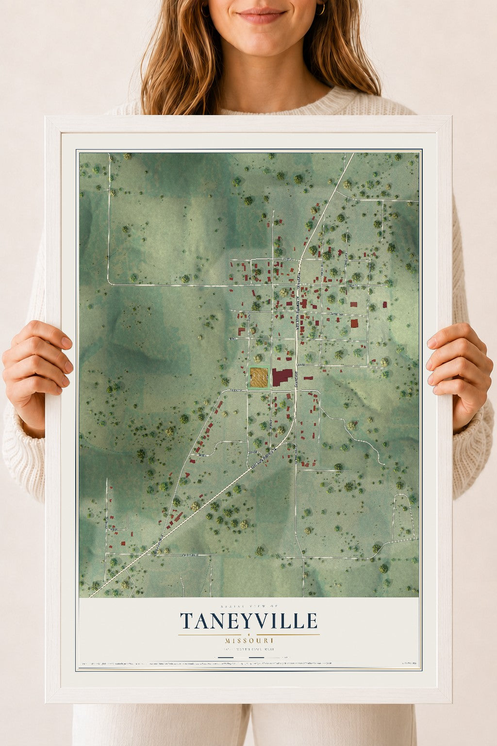 Map of Taneyville, Missouri, 18 x 24 inch print in a white wood frame