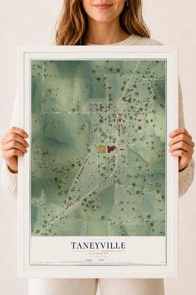 Map of Taneyville, Missouri, 18 x 24 inch print in a white wood frame