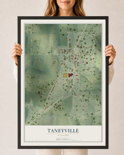 Map of Taneyville, Missouri, 24 x 36 inch print in a black wood frame