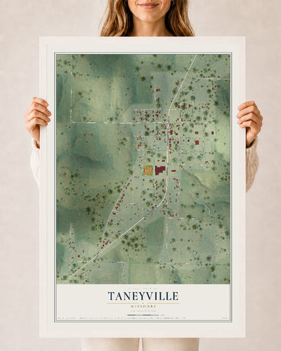 Map of Taneyville, Missouri, 24 x 36 inch print in a white wood frame