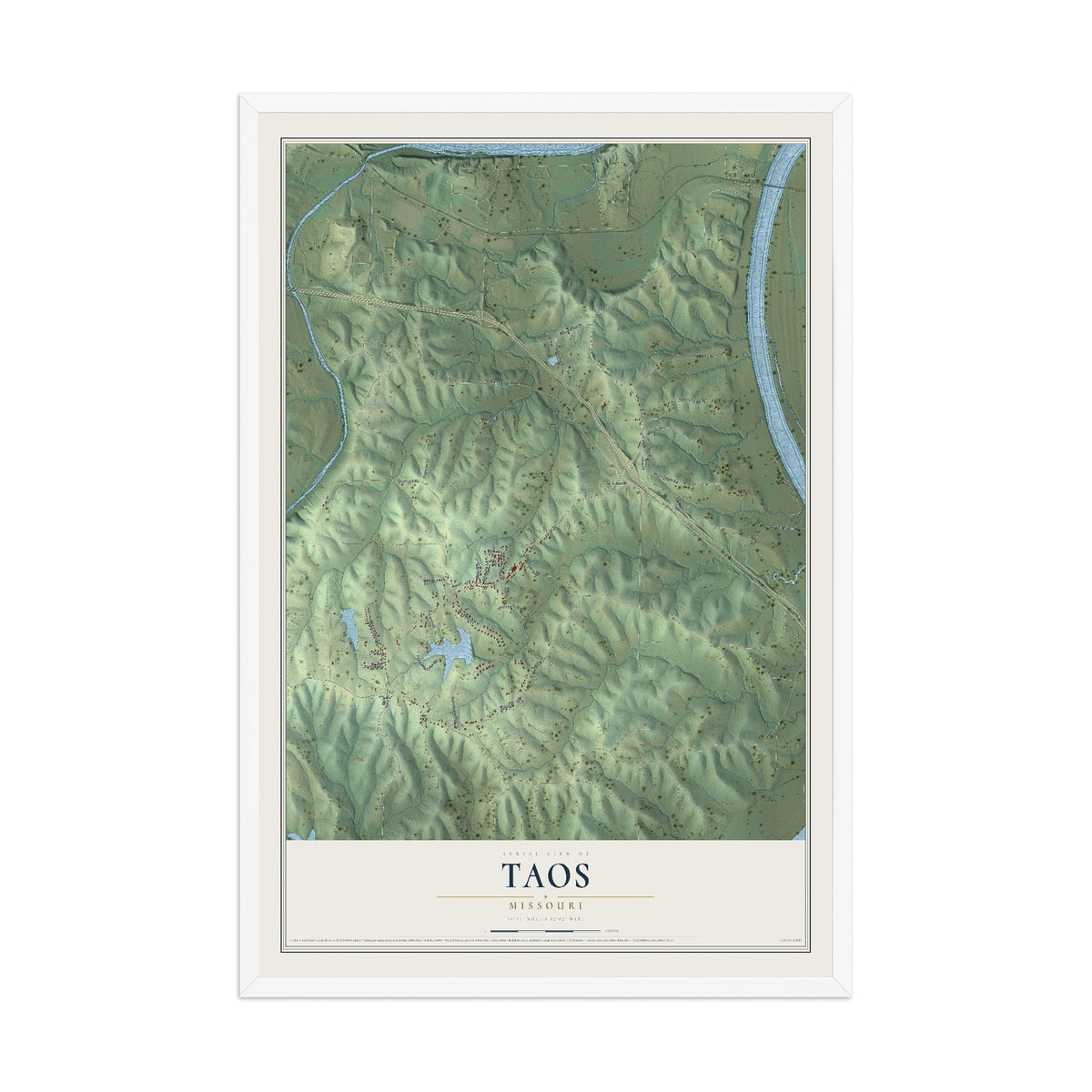 Map of Taos, Missouri, 12 x 18 inch print in a white wood frame