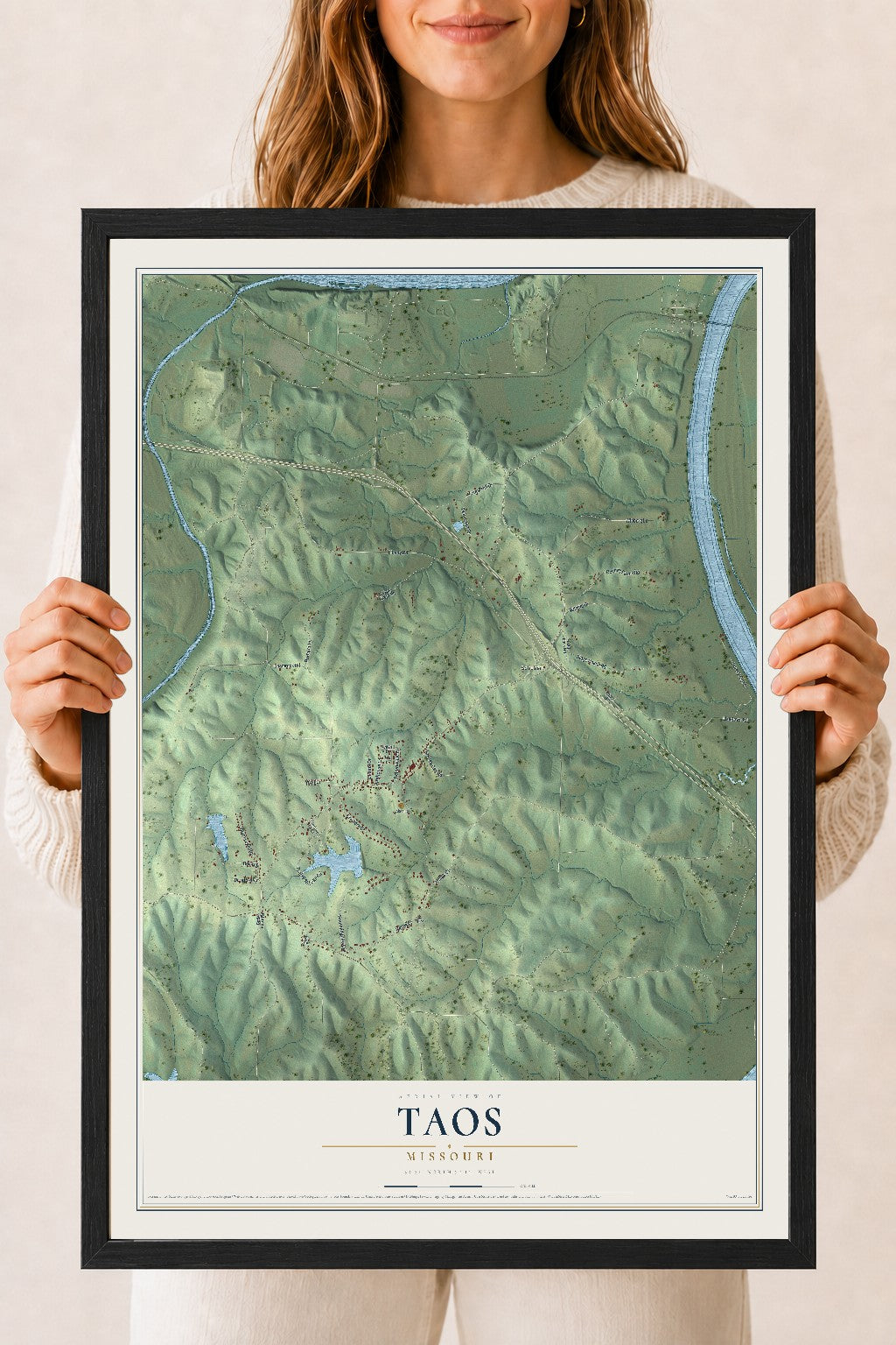 Map of Taos, Missouri, 18 x 24 inch print in a black wood frame
